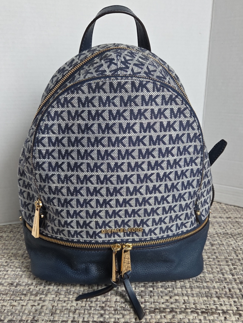 Michael Kors Rhea Zip Denim MK Logo Navy Backpack Gold Hardware